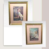 1930s Framed Prints Little Girls, "Song of the Bluebird" & "Song of the Lark," Vintage Children's Wall Art