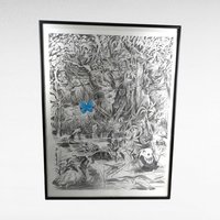 1998 Detailed Nature Drawing Print, Black Metal Frame, Vintage Wildlife Art, Gift for Nature Lover, Home Decor