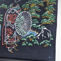 Vintage Oriental Pagoda Scroll, Hand-Painted on Velvet, Japanese Art Wall Hanging, Gift for Asian Decor Lovers, Temple Art