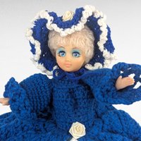 Vintage Handmade Crochet Lady Doll, Blue Dress and Bonnet, Folk Art Doll, Textile Art, Collectible Doll, Unique Gift, Home Decor