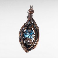 Handmade Copper Wire Wrapped Pendant with Blue Crystal, Blue Rivoli Crystal Jewelry, Artisan Pendant, Statement Pendant, Gift for Her