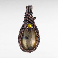 Handmade Copper Wire Wrapped Dragon Vein Agate Pendant | Yellow Accent | Unique Gift | Oxidized Copper | Gemstone Pendant
