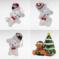 Vintage Christmas Bear Ornament Set & Teddy Bear Trinket Box, Ceramic Holiday Decor, Collectible Bear Figurines