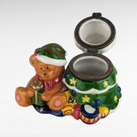 Vintage Christmas Bear Ornament Set & Teddy Bear Trinket Box, Ceramic Holiday Decor, Collectible Bear Figurines