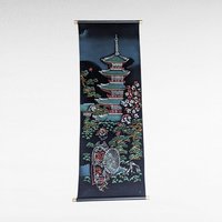 Vintage Oriental Pagoda Scroll, Hand-Painted on Velvet, Japanese Art Wall Hanging, Gift for Asian Decor Lovers, Temple Art