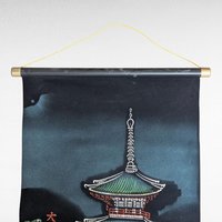 Vintage Oriental Pagoda Scroll, Hand-Painted on Velvet, Japanese Art Wall Hanging, Gift for Asian Decor Lovers, Temple Art