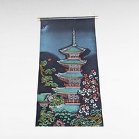Vintage Oriental Pagoda Scroll, Hand-Painted on Velvet, Japanese Art Wall Hanging, Gift for Asian Decor Lovers, Temple Art