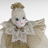 Vintage Cream and Gold Harlequin Doll, Porcelain Head and Limbs, 14 Inch Collectible Doll, Unique Gift for Doll Collectors