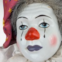 Vintage 18" Porcelain Clown Doll with Moon & Sun Outfit, Hand-Painted Face, Made in China, Decorative Collectible