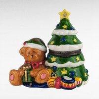 Vintage Christmas Bear Ornament Set & Teddy Bear Trinket Box, Ceramic Holiday Decor, Collectible Bear Figurines