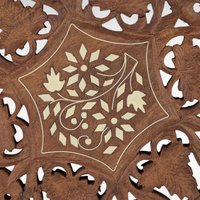 Vintage Indian Wooden Trivet, Carved Floral Design, 8 Inch, Handmade Kitchen Decor, Rustic Table Protector