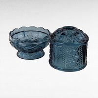 Vintage Blue Indiana Glass Fairy Lamp, 2 Piece, Stars & Bars Pattern, Collectible Glassware, Candle Holder