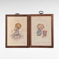 1971 Betsey Clark "Blessings" & "Flowers" Wooden Plaques, Vintage Children's Art, Inspirational Wall Decor, Gift Set