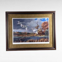 David A. Maass "Autumn at Baker - Trumpeter Swans" Framed Print, Signed Wildlife Art, Vintage Bird Decor, Swan Landscape Painting