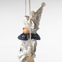 Vintage Porcelain Clown Doll, Swinging, Blue White, Celestial Decor, Collectible