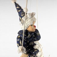 Vintage Porcelain Clown Doll, Swinging, Blue White, Celestial Decor, Collectible