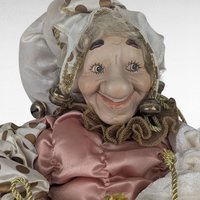 Vintage Pink Gold White Jester Doll, Large Sitting Harlequin Figure, Unique Decor Clown