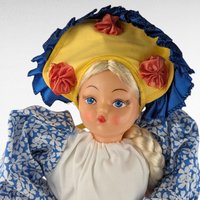 Vintage Handmade Teapot Cozy Doll, 19-Inch Tall, Blue & Orange Dress, Plastic Face, Country Kitchen Charm