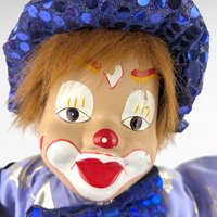 Vintage Porcelain Blue Clown Doll, Hanging, Collectible Circus Decor