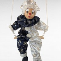 Vintage Porcelain Clown Doll, Swinging, Blue White, Celestial Decor, Collectible