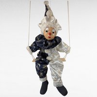 Vintage Porcelain Clown Doll, Swinging, Blue White, Celestial Decor, Collectible