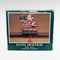 Vintage Midwest of Cannon Falls Cast Iron Santa Sleigh Stocking Holder, Christmas Mantle Decor, Collectible Waving Santa Hanger