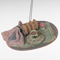 Vintage Resin Picnic Basket Tea Party Ornament Set, Detailed Miniature, Food Drink Theme, Hanging Decor