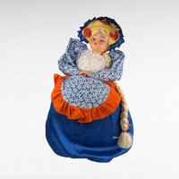 Vintage Handmade Teapot Cozy Doll, 19-Inch Tall, Blue & Orange Dress, Plastic Face, Country Kitchen Charm