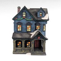 Vintage O'Well Lighted Blue Christmas Village House, Ceramic Holiday Home Decor, Collectible Two-Story Winter Scene Building
