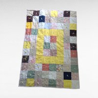 Vintage Handmade Patchwork Baby Blanket, Tied Crib Quilt 50x35, Yellow Floral Calico Toddler Bedding, Farmhouse Nursery Lap Throw