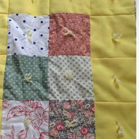 Vintage Handmade Patchwork Baby Blanket, Tied Crib Quilt 50x35, Yellow Floral Calico Toddler Bedding, Farmhouse Nursery Lap Throw