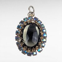 Vintage Black/Gray Glass Pendant, Aurora Borealis Rhinestone Halo, Mid Century Necklace, Dark Victorian Gothic Glam