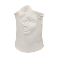 A minimalist, all-white porcelain vase sculpted in the shape of a serene female face. The vase features an elongated neck and a stylized head, with flowing hair textured into the ceramic. The entire piece is finished in a clean, high-gloss white glaze, emphasizing the smooth contours and delicate facial features without the use of color.