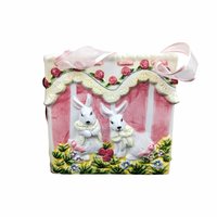 Vintage Ceramic Easter Bunny Bag: Pink Striped Basket Decor