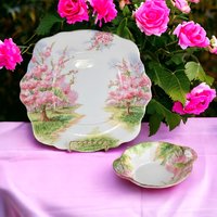 Vintage Royal Albert Blossom Time Square Cake Plate & Sweet Meat Dish | Bone China Serving Set | English Countryside Decor
