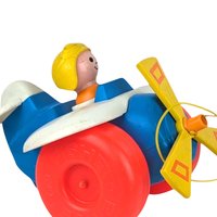 Vintage 1980s Fisher Price Pull Toy Airplane with Pilot - Blue and Yellow Plane - 8" Long - Toddler Gift - Retro Toy