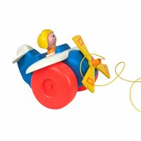 Vintage 1980s Fisher Price Pull Toy Airplane with Pilot - Blue and Yellow Plane - 8" Long - Toddler Gift - Retro Toy
