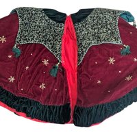 Vintage Handmade Burgundy and Green Velvet Shawl with Eyelet Clasps, One-Size, Warm, Festive