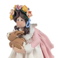 Vintage Handmade Clay Girl with Bunny Figurine, Signed Kathie, Whimsical Folk Art Decor