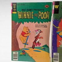 Vintage Winnie the Pooh Comics Lot of 2, 1970s Walt Disney Issue #5 and #12, Gold Key and Whitman Comic Book Set, A. A. Milne Characters