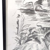 1998 Detailed Nature Drawing Print, Black Metal Frame, Vintage Wildlife Art, Gift for Nature Lover, Home Decor