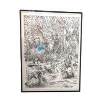 1998 Detailed Nature Drawing Print, Black Metal Frame, Vintage Wildlife Art, Gift for Nature Lover, Home Decor