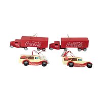 2001 Kurt Adler Coca-Cola Ornament Set, 4 Piece, Truck and Car Ornaments, Collectible Christmas Decor