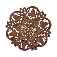 Vintage Indian Wooden Trivet, Carved Floral Design, 8 Inch, Handmade Kitchen Decor, Rustic Table Protector