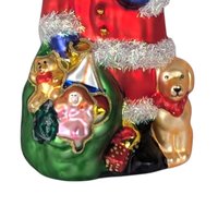 Vintage Large Glass Santa Ornament, Christmas Tree Ornament, Santa with Toys and Puppy, Holiday Decor, Figural Ornament