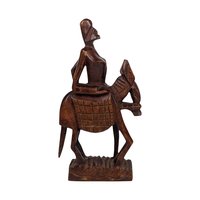 Vintage Hand Carved Wooden Figurines, Tribal Art Decor, African Woman on Horse, Man with Pole, Collectible Wood Carvings