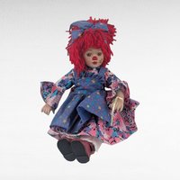 Vintage Porcelain Clown Doll, 9" Sitting Jester with Red Yarn Hair, Collectible Shelf Sitter Doll in Floral Star Dress