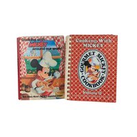 Cooking with Mickey Cookbook Pair, Around Our World and Volume 2, Disney Recipe Books, Softcover & Hardcover