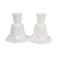 Vintage Fostoria Milk Glass Candle Holders, Pair, Grape Pattern, 4.25 Inches - Mid-Century Modern
