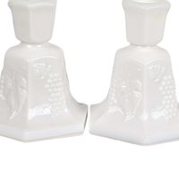 Vintage Fostoria Milk Glass Candle Holders, Pair, Grape Pattern, 4.25 Inches - Mid-Century Modern